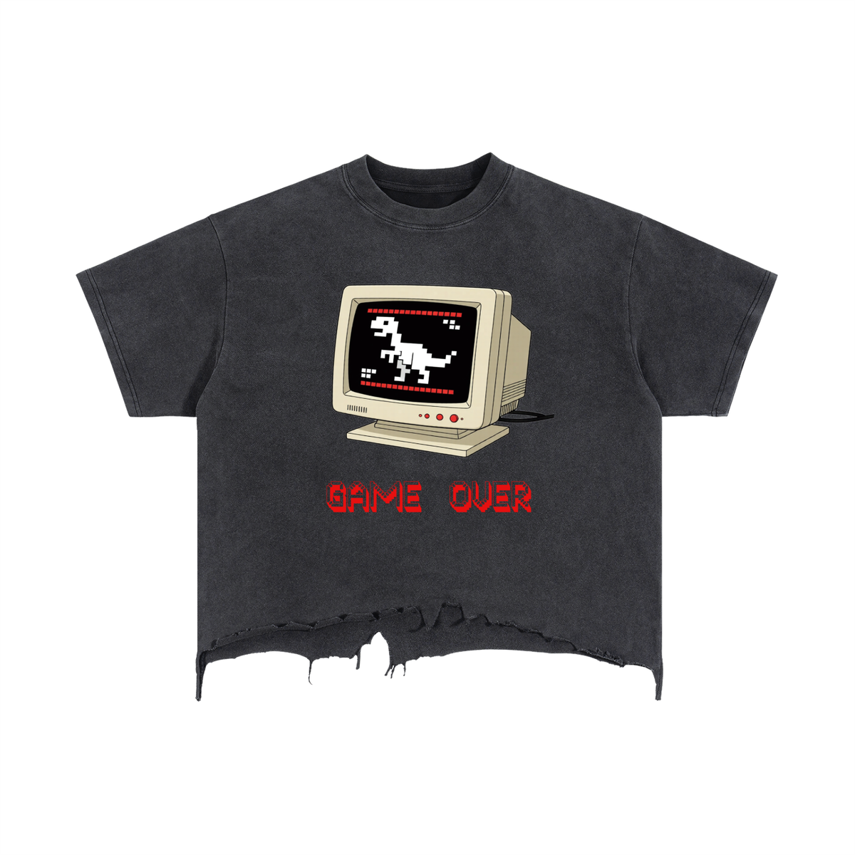 Vintage Wash Boxy Distressed Hem RETRO DINO GAME OVER T-Shirt