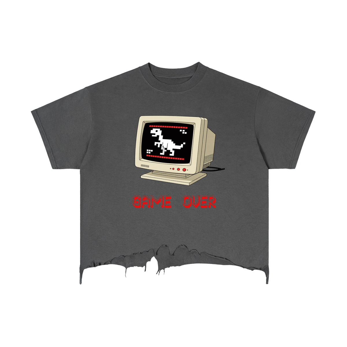 Vintage Wash Boxy Distressed Hem RETRO DINO GAME OVER T-Shirt